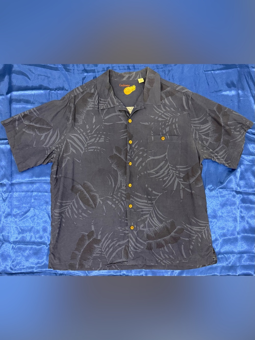 Caribbean Blue Tropical Floral Hawaiian Short-Sleeve Silk Blend Shirt - Men’s XL